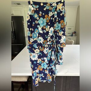 For Love & Lemons womens Blue Floral Asymetrical Ruched Viscose Rayon Skirt EUC